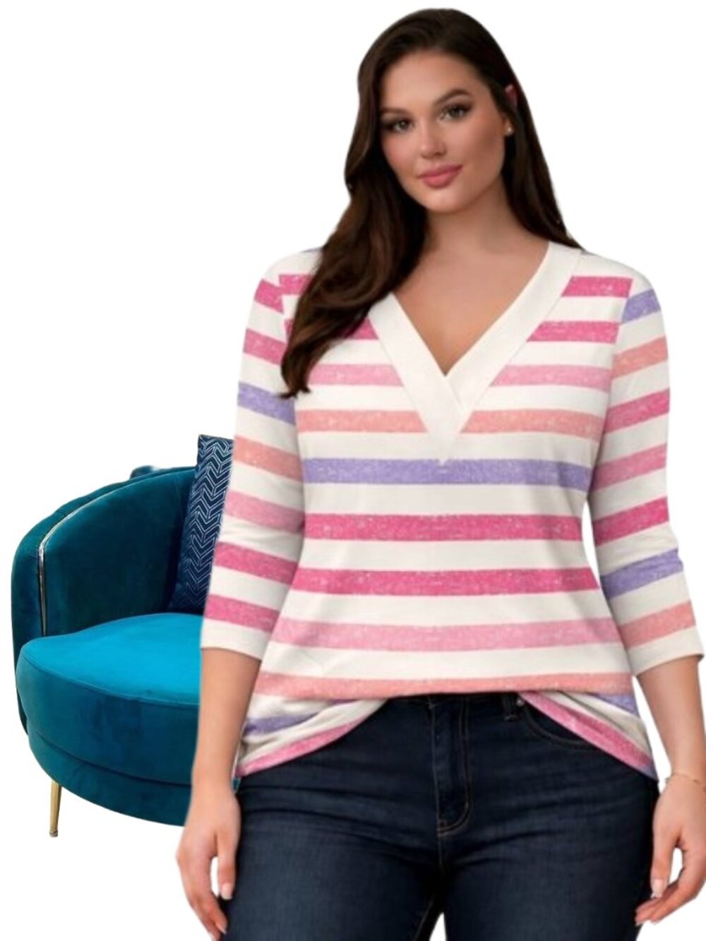 Women’s 3/4 Sleeve V Neck Tops Loose Fit T Shirt, STRIPED PINK, Size LARGE